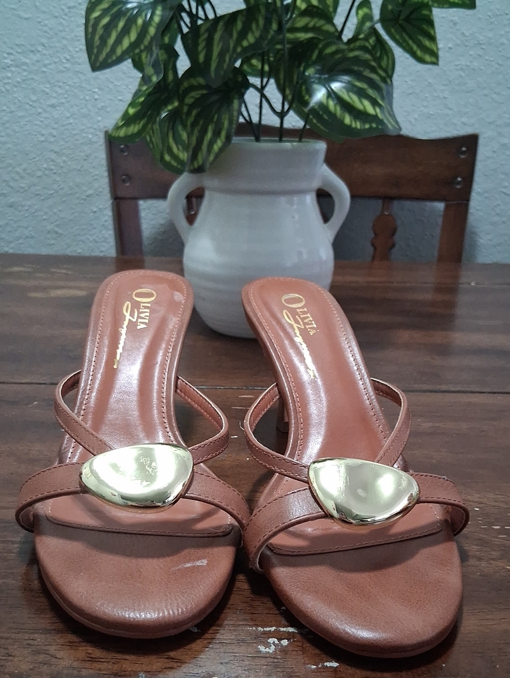 Tan Slip-On Mules with Gold Accent